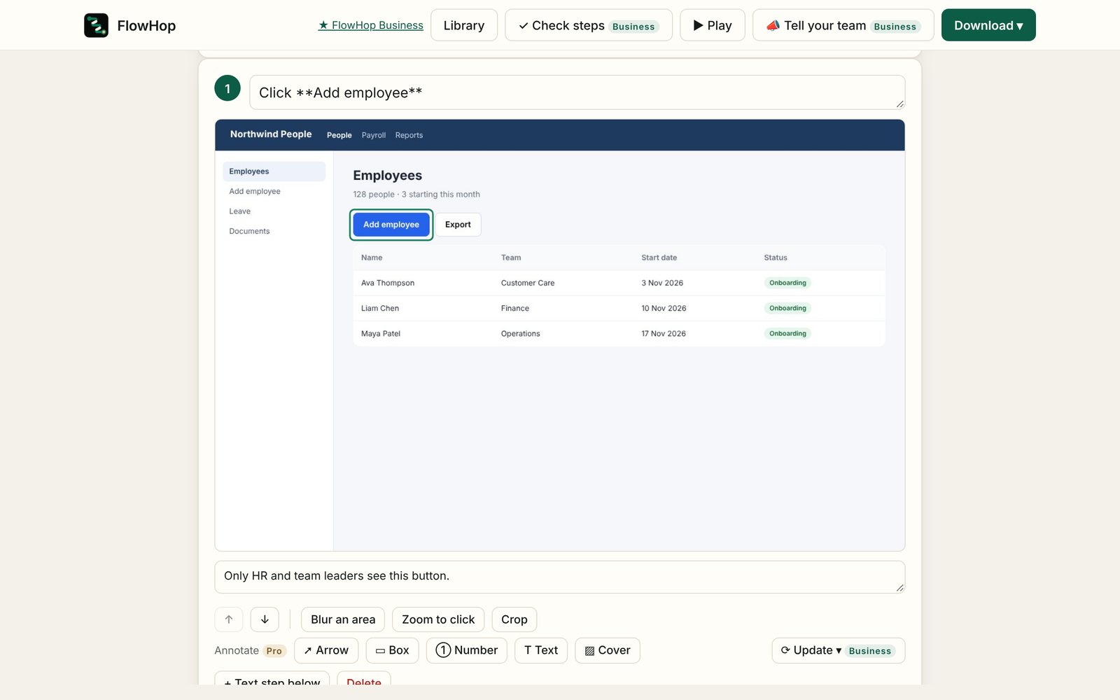 The FlowHop editor showing a recorded guide with a screenshot for each step