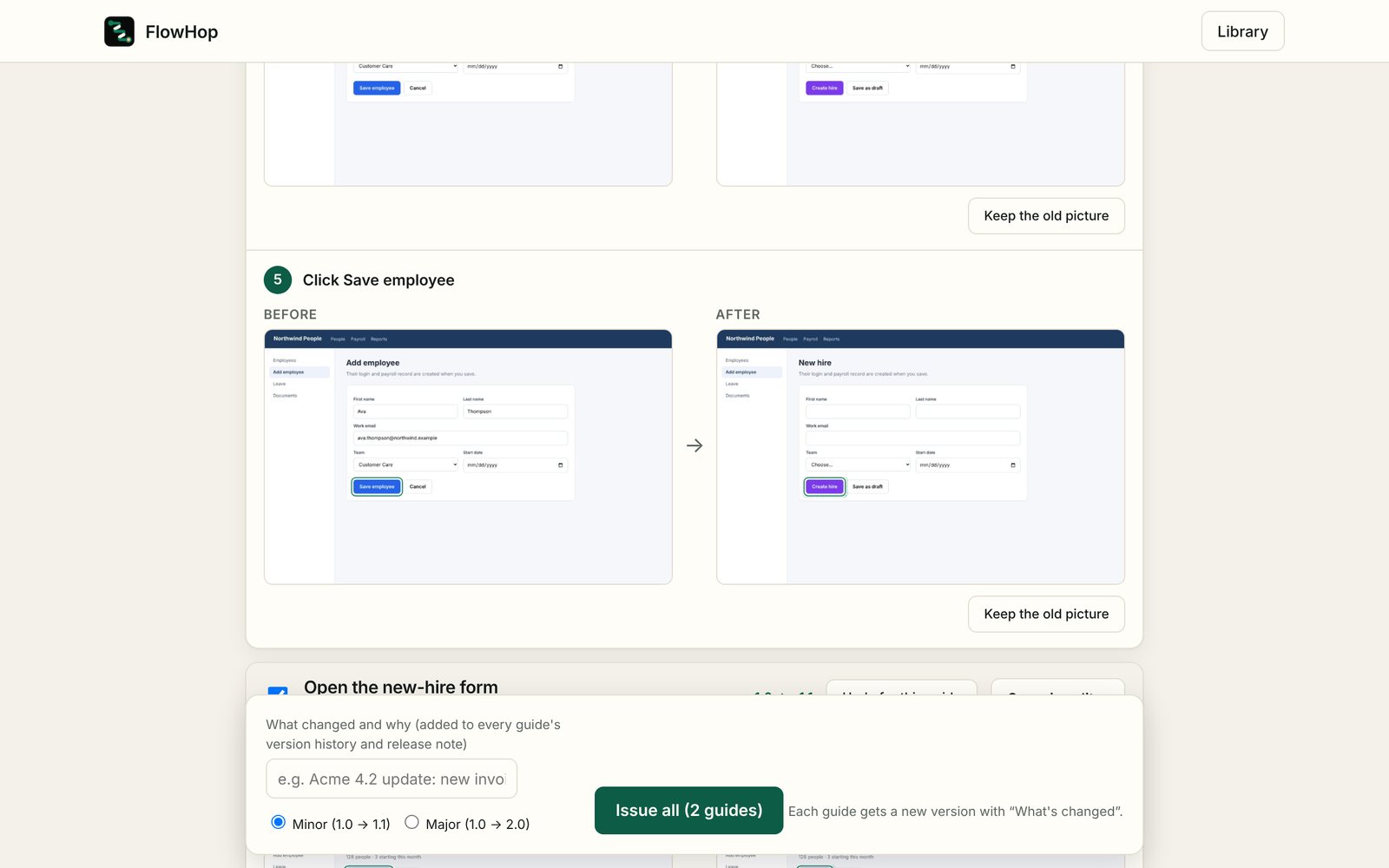 Review page showing before and after screenshots for an updated step