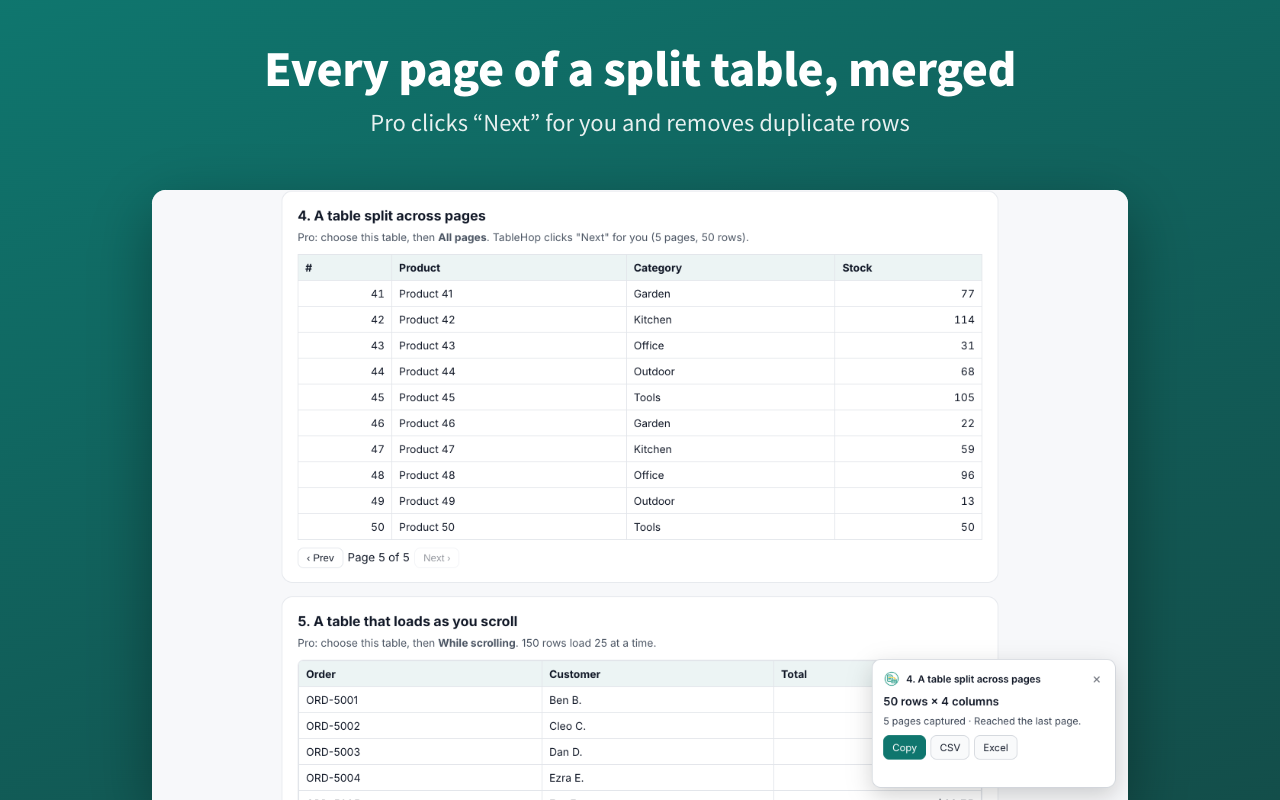 TableHop merging a five-page table into one file